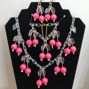 Retro Novelty Pink Cherries Necklace Made by Me in Iridescent Hot Pink Deco Inspo Artisan Faux Bakelite Style Cherry Vintage Reproduction