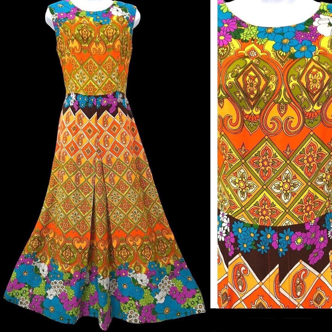 Vintage Psychedelic Hawaiian Tiki Maxi Dress by Ja-na of Hawaii Border ...