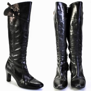Vintage Y2K Tall Boots in Glossy Genuine Leather Black Stacked Heel Buckle J Crew Italy Knee High Fetish Style
