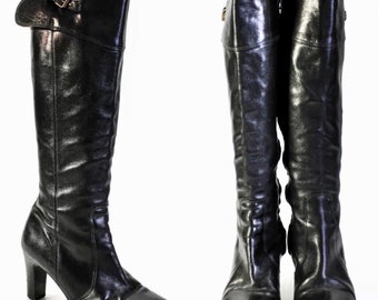 Vintage 90s Y2K Tall Boots in Glossy Genuine Leather Black Stacked Heel Buckle J Crew Italy Knee High Fetish Style