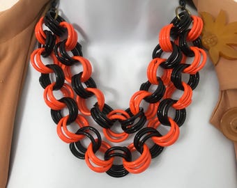 Retro Novelty Necklace Made by Me in the Style of 1930’s 1940’s Bakelite Era Celluloid Jewelry Plastic Mod Rings Reproduction