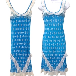 Vintage Sheer Ruffle Slip Dress Nightgown with Embroidery and Atomic Floral Print