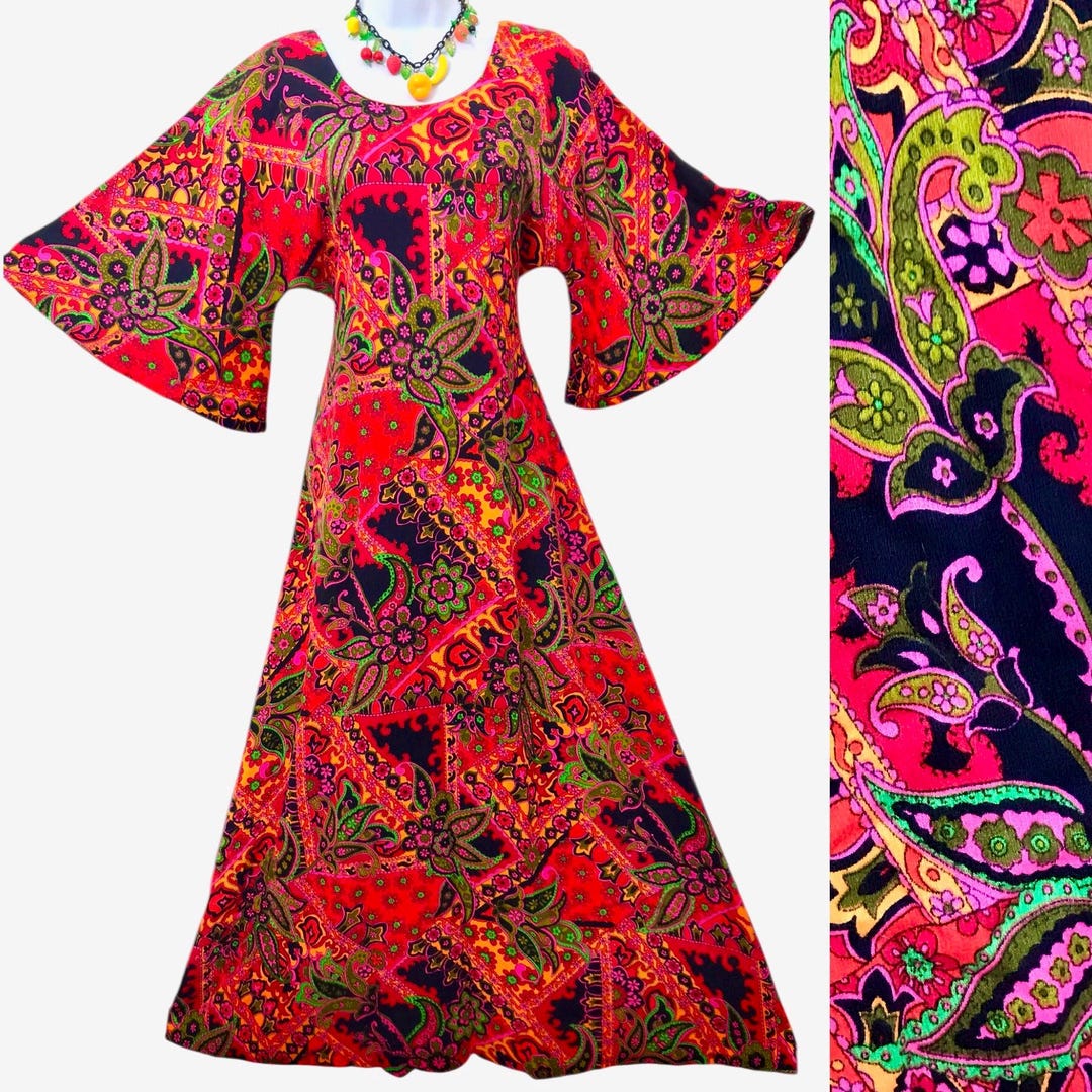 Vintage Psychedelic Hostess Maxi Tiki Dress Kimono Sleeve Paisley 60s ...