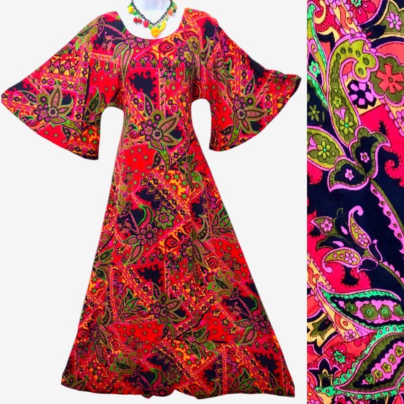 red mixed neon floral maxi dress Vintage Psychedelic Hostess Maxi Tiki Dress Kimono Sleeve Paisley 60s 70s  1960s 1970s Day Glow Glo Mod Hawaiian Neon Two Potato California