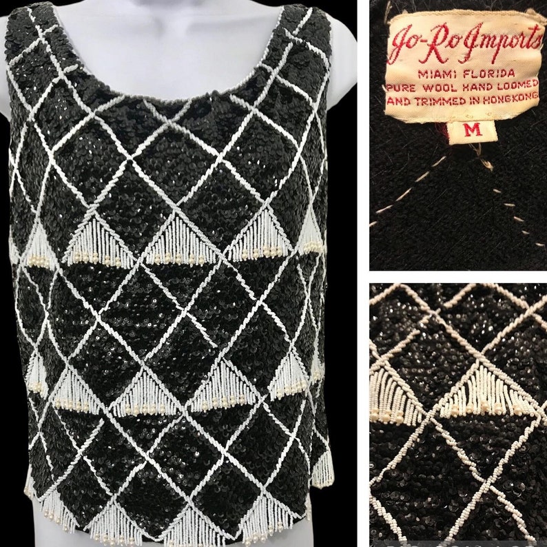 Vintage 1960s Sequin Fringe Shimmy Sweater Top Hong Kong Beaded Fishnet Mod Blouse Tank Swinging 60s Florida label Like Gene Shelly Wool image 1
