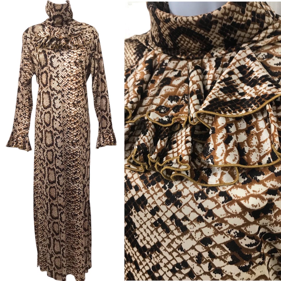 Vintage Avant Garde 1960’s 1970’s Maxi Dress Ruffle Ascot Snakeskin ...