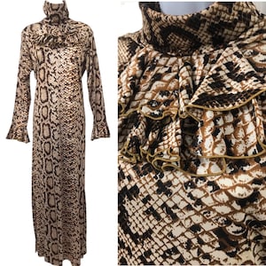 Vintage 1960’s 1970’s Avant Garde New York NY Ruffle Ascot Snakeskin Python Print Nylon Maxi Dress