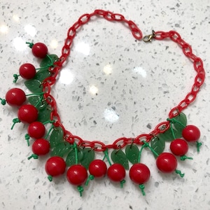Fakelite Cherries Retro Novelty Necklace Made by Me in Assorted Colors - Retro Deco Wartime Faux Bakelite Style Jewelry Vintage Reproduction