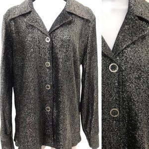 Vintage 1970’s Lurex Blouse in Silver Metallic and Black 70’s Glam Disco Party Shirt By Royal Blouse New York