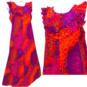 Vintage Psychedelic Hawaiian Tiki Dress in Day Glo Flower Power Sleeveless with Ruffles