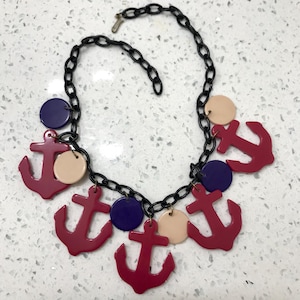 Vintage Nautical Anchor French Bakelite Galalith Deadstock Plastic Fakelite Wartime 1940s Style Inspired Retro Necklace Earrings Made by Me
