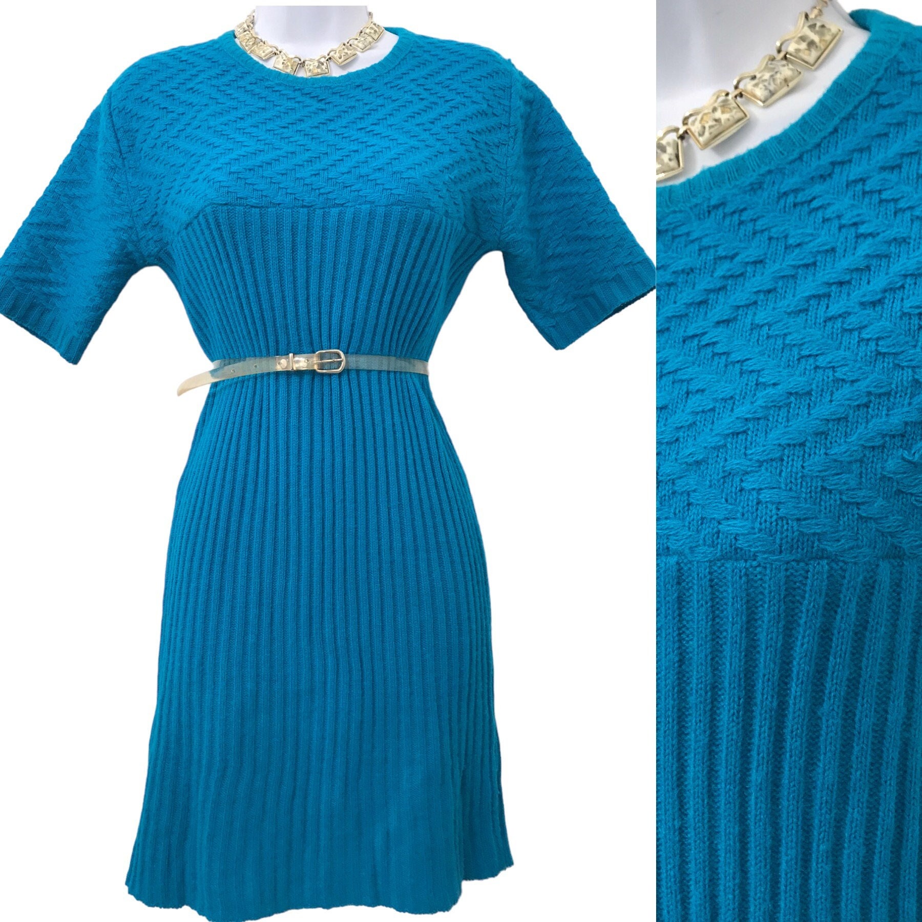 60s -70s Jewelry – Necklaces, Earrings, Rings, Bracelets Vintage Turquoise 60s Midcentury Orlon Sweater Knit Knitwear Dress 1960s Sears Roebuck Co $88.00 AT vintagedancer.com