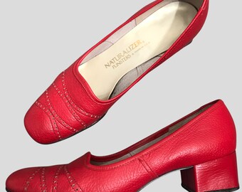 Vintage 1970’s Mod Red Shoes Square Toe Block Heel Genuine Leather Loafers Slip On Dress Comfort Shoe by Naturalizer Funsters USA