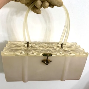 Vintage 1950’s Large Lucite Handbag Midcentury Box Purse Bag Deeply Carved Lid with Top Handle