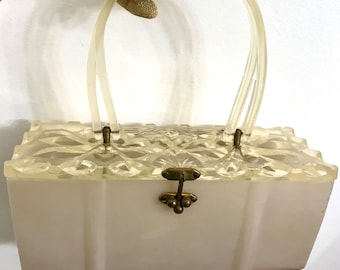 Vintage 1950’s Large Lucite Handbag Midcentury Box Purse Bag Deeply Carved Lid with Top Handle