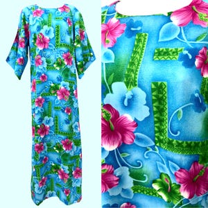Vintage Psychedelic Hawaiian Tiki Caftan Hostess Maxi Dress 1960s 1970s Pomaré Cold Shoulder Peekaboo Sleeve Pake Muu Mu 60s 70s