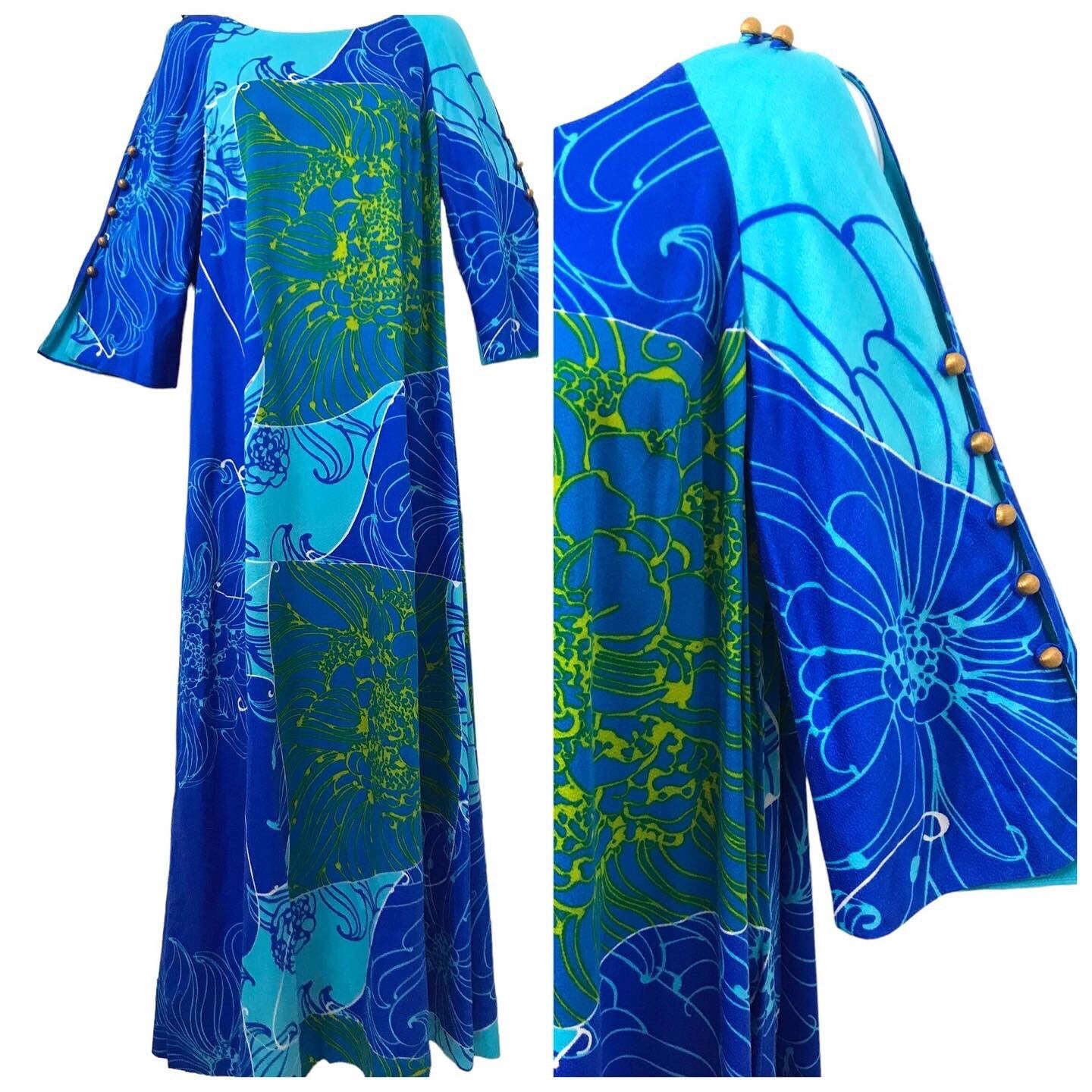 Vintage Psychedelic Hawaiian Tiki Caftan Hostess 60s Mod 70s Maxi Dress ...