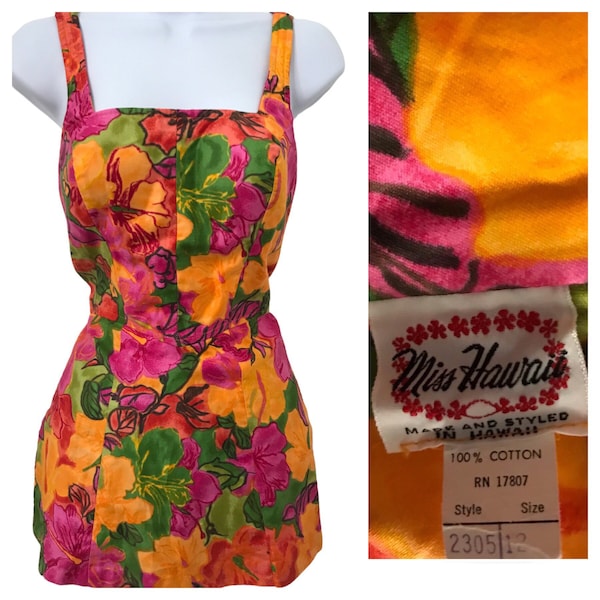 Vintage Kamehameha Miss Hawaii Badpak jaren 1960 Hawaiiaanse tropische playsuit Tuniek Bloomers 2-delige set jaren '60 Mod Tiki Cabana Badpak Romper