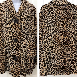 Vintage Leopard Jacket Velour Coat 1960’s Shawl Collar Animal Print Faux Fur 60s Midcentury Rockabilly Novelty Atomic Buttons Plus Size