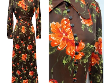 Vintage Floral Maxi Dress 1960’s 1970’s in Nylon Acetate Shirtwaist Hostess Puff Sleeve  by The Now Generation Made in USA