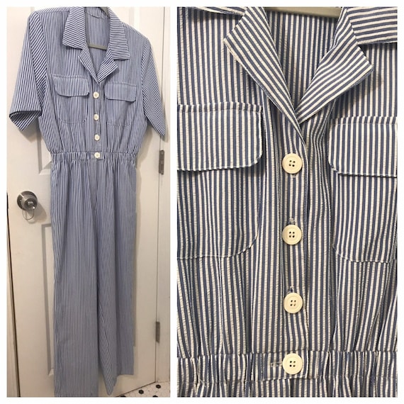 Seersucker jumpsuit 80s does 40s - 1940s 1950s WW2