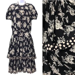 Vintage Silk Floral Polka Dot Drop Waist Dress by Albert Nippon 1970’s 1980’s does 1920’s Gatsby Style Garden Party