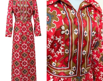 Vintage Emilio Borghese Hostess Maxi Dress 1960’s 1970’s Psychedelic Grometric Floral Snowflake Border Print