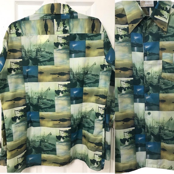 Vintage 1970'S KINGS ROAD long-sleeved poly shirt, size M, men's polyester brown type Vintage Second Hand