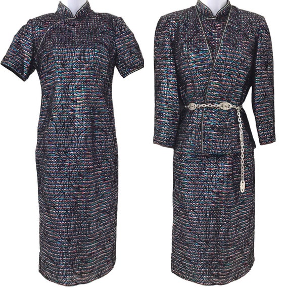 Vintage Lurex Velour Cheonsgsam Wiggle Dress 1970… - image 3