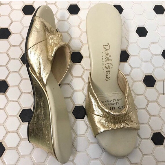 Daniel Green boudoir gold lamé wedge wedgies mules