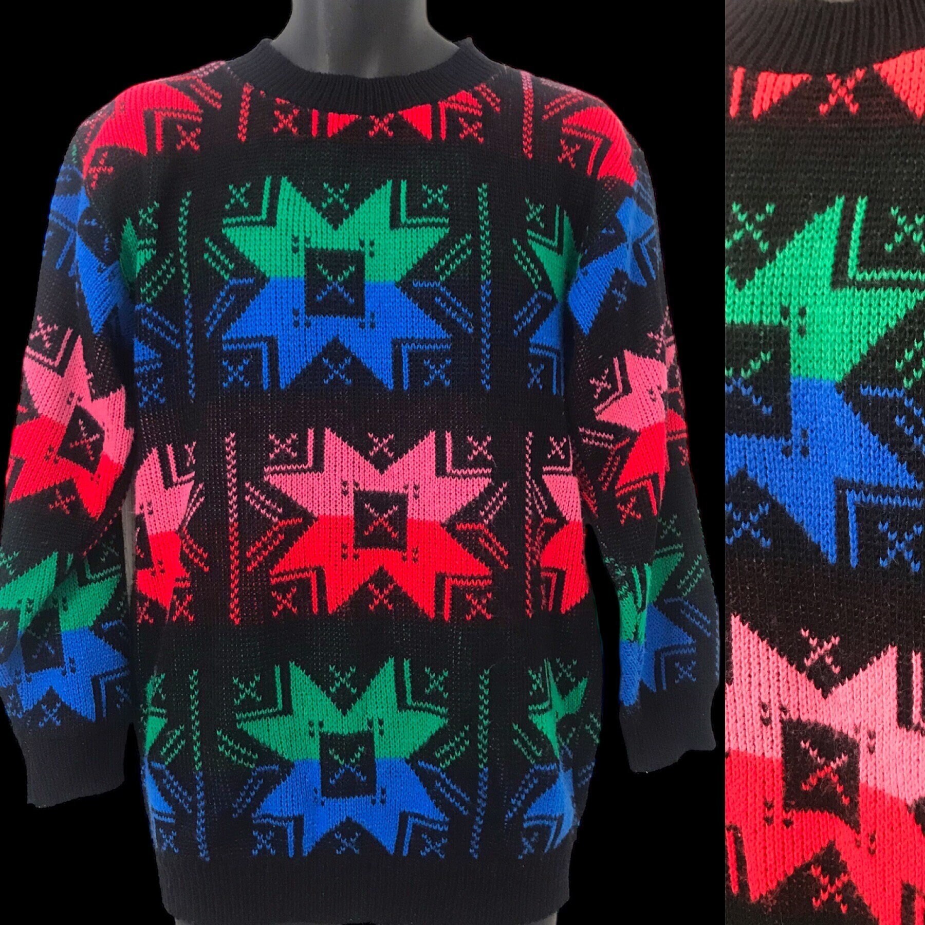 Vintage Rainbow 80’s Novelty Sweater Knit Intarsia Pride Color Wheel Kaleidoscope Snowflake Sweater 1980’s Kitsch Plus Size