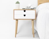 Oak wood white bedside table, nightstand , Mid Century Modern, Retro Scandinavian, 2 drawers