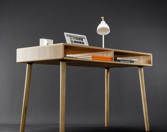 Modern Oak Desk with Open Cubbies Mid Century Design