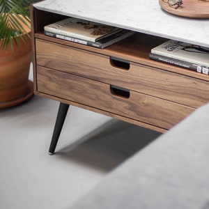 Nightstand Bedside table with two drawers in solid Walnut / Oak wood board and on top Carrara marble image 1