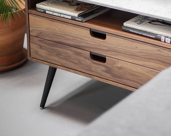 Nightstand Bedside table with two drawers in solid Walnut / Oak wood board and on top Carrara marble