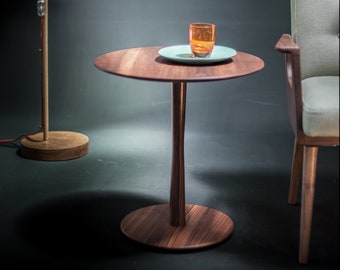 Diabolo round side coffee table made of solid oak or walnut wood