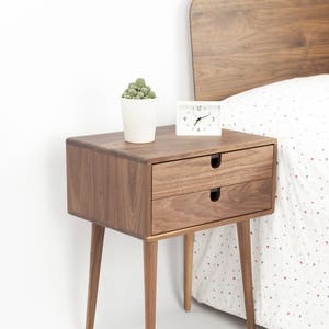 Mid-Century Modern Solid Walnut Nightstand with double drawers image 2