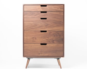 Chest of drawers, tallboy, Mid-century, Scandinavian style, in oak or walnut solid wood