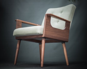 Mid Century Armchair in oak / walnut in solid wood board upholstered