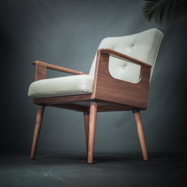 Mid Century Armchair in oak / walnut in solid wood board upholstered