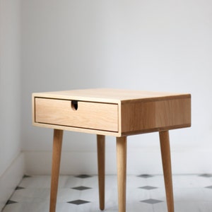 Mid Century Scandinavian Side Table Nightstand One Drawer And Retro Legs All Made Of Solid Oak