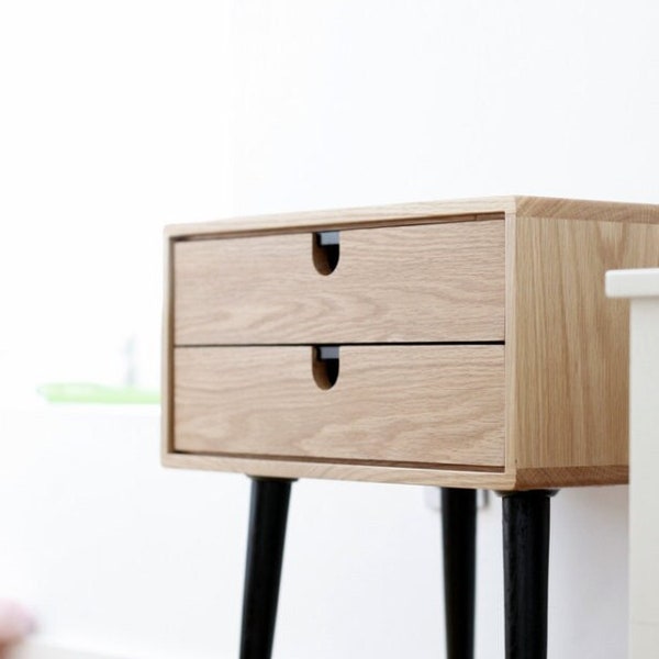 Mid-Century Scandinavian bedside Table / Nightstand - Two drawers and retro legs made of solid oak