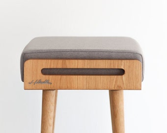 Stool / Seat / stool / Ottoman / bench made of solid oak table, oak legs, upholstered in grey linen fabric