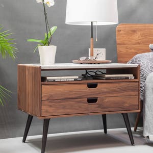 Nightstand Bedside table with two drawers in solid Walnut / Oak wood board and on top Carrara marble image 5
