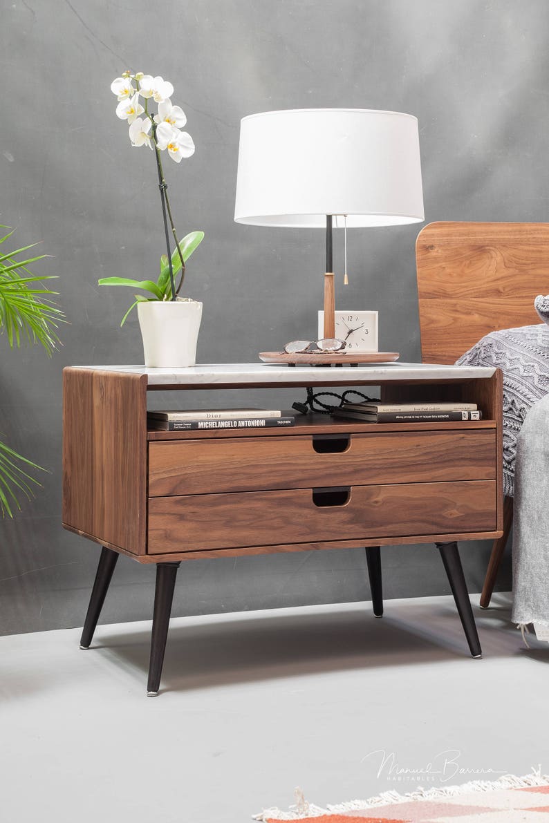 Nightstand Bedside table with two drawers in solid Walnut / Oak wood board and on top Carrara marble image 5