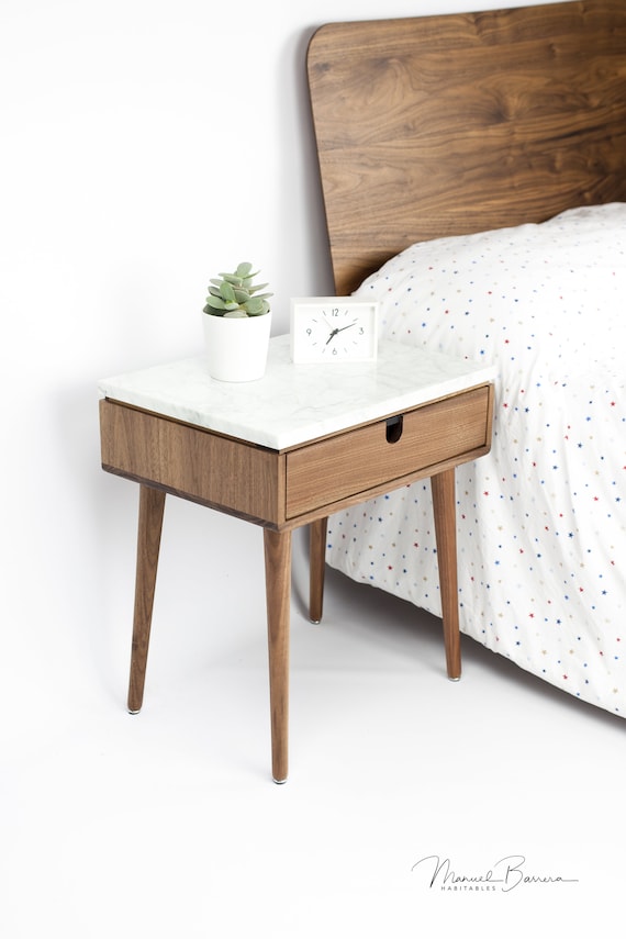 Nightstand With One Drawer in Solid Walnut / Oak Board and Top in Marble 