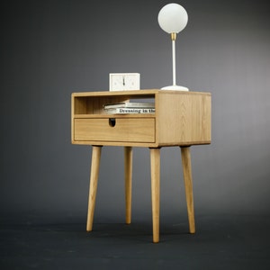 Mid-Century bedside Table / Nightstand in solid American Oak with a drawer and a shelf image 4