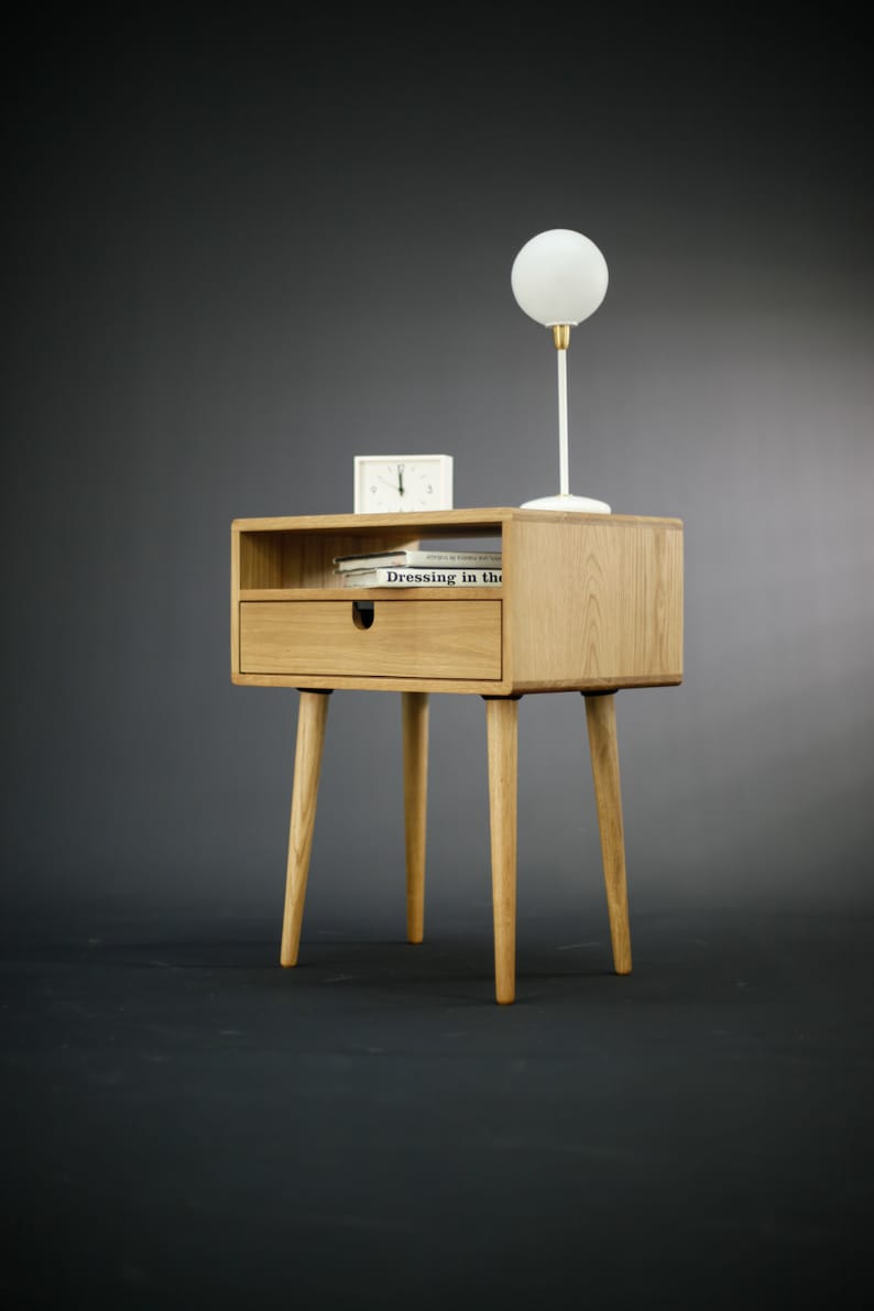 Mid-Century bedside Table / Nightstand in solid American Oak with a drawer and a shelf image 4