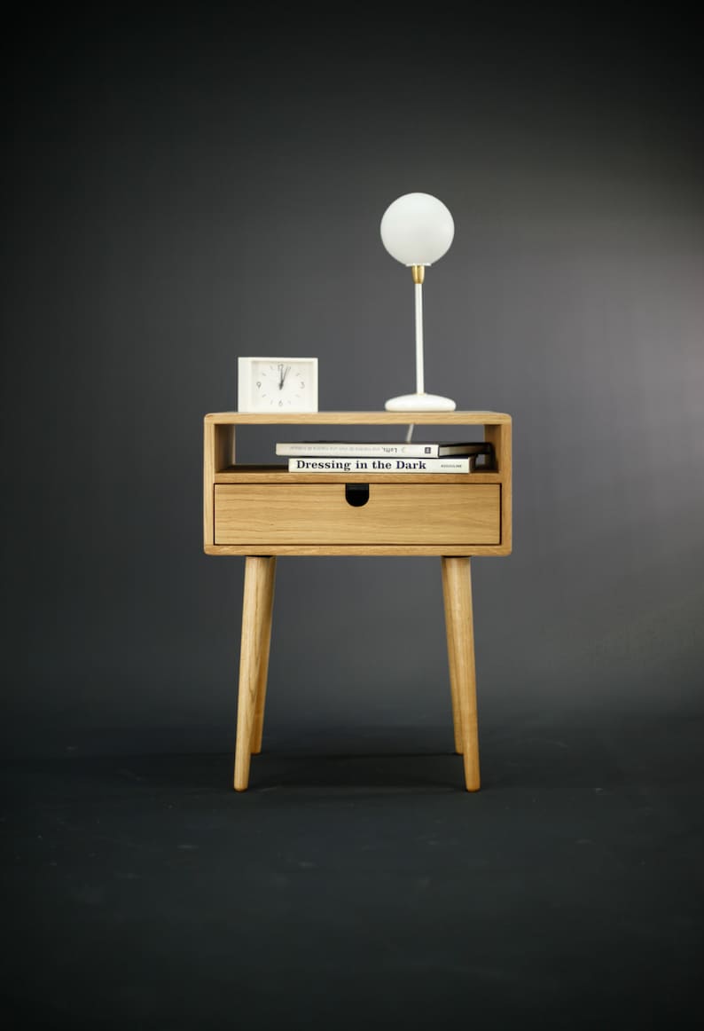 Mid-Century bedside Table / Nightstand in solid American Oak with a drawer and a shelf image 2