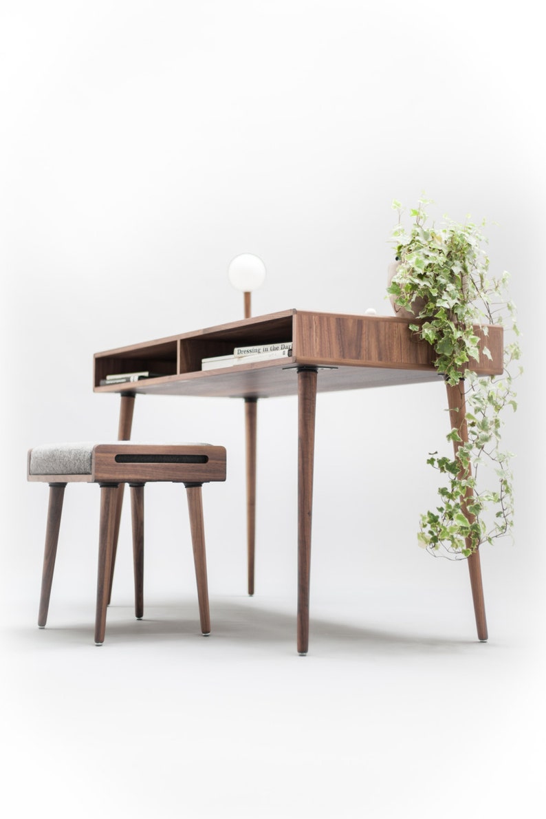 Modern Walnut Desk with Open Cubbies Mid Century Design image 3